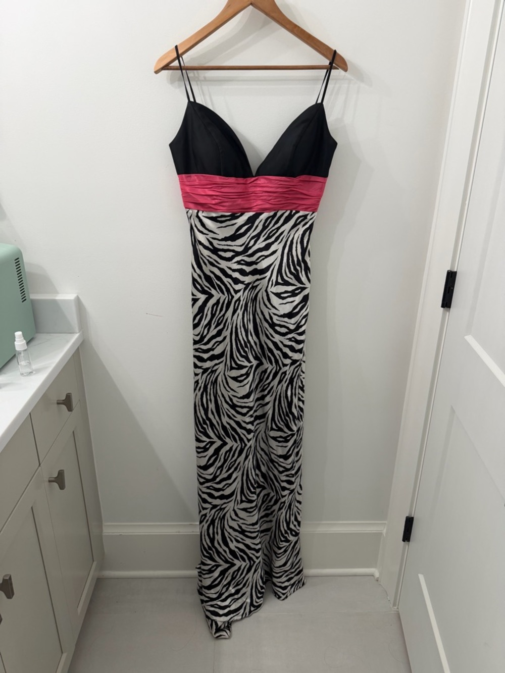 Jovani Black and White Zebra Silk Maxi Dress With Pink Detail, Size 8